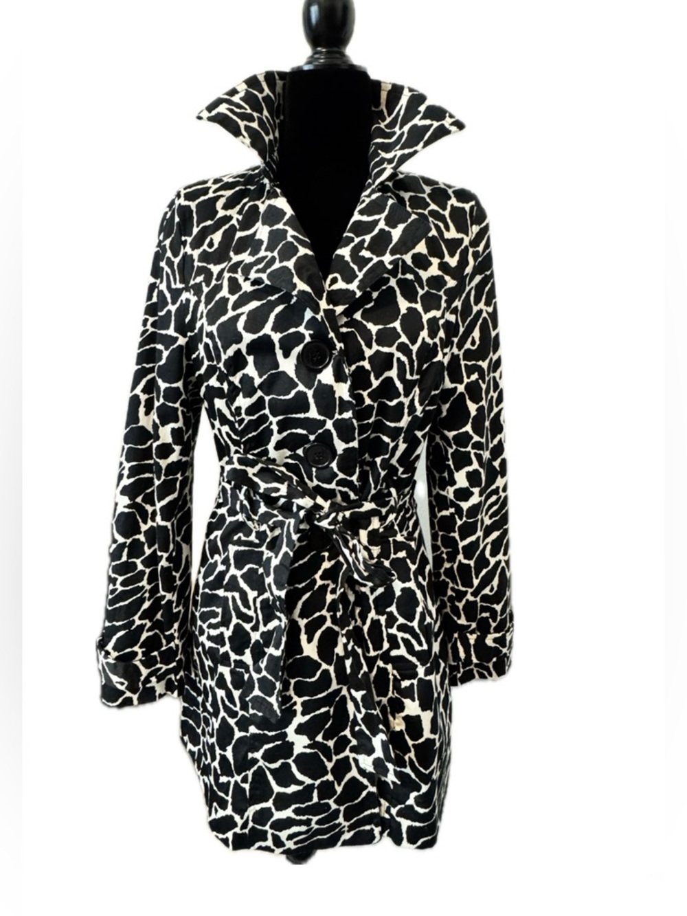 Luii Anthropologie Black White Animal Print Belted Trench Coat Jacket Medium